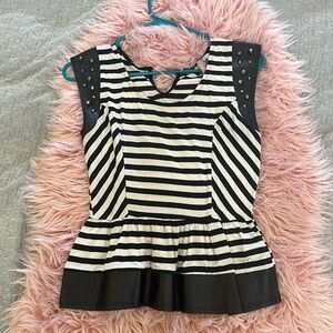 Mauve, black and white striped sleeveless top, studs on leather detailing